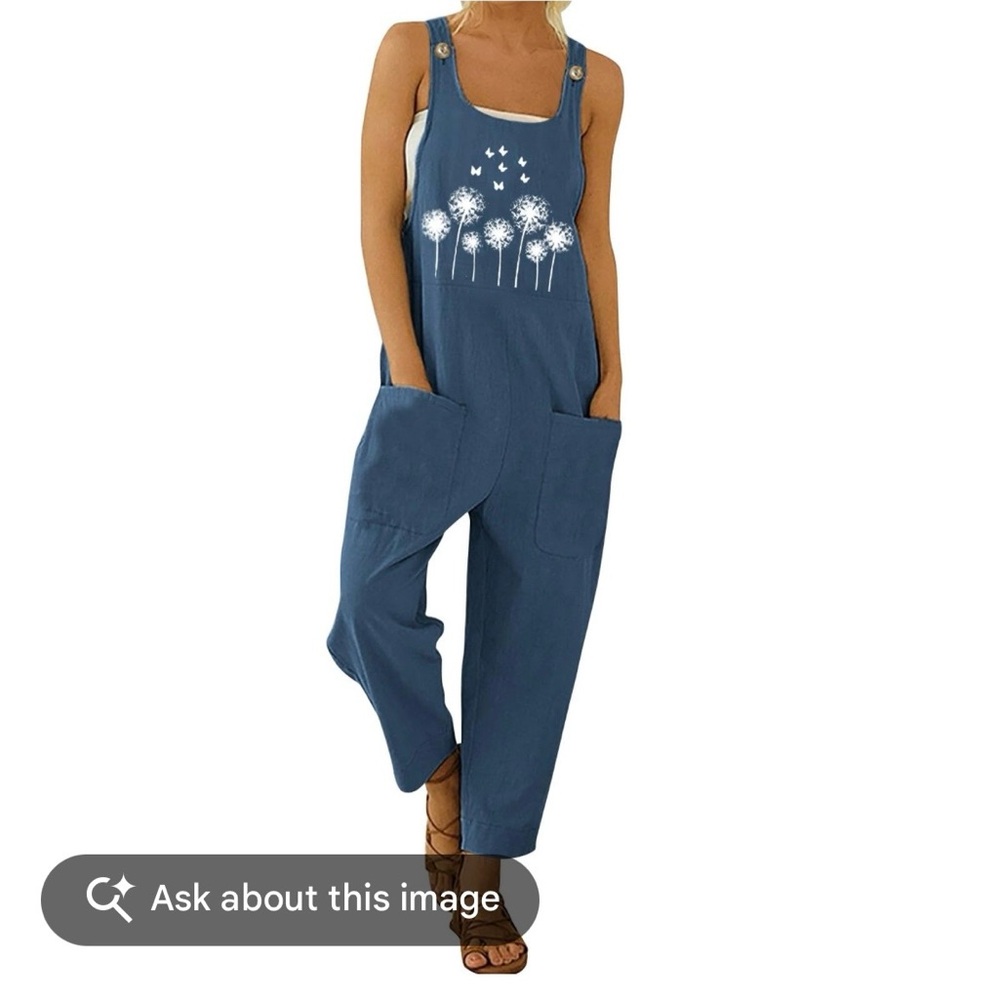 Women's Blue Sleeveless Dandelion Print Cotton Jumpsuit